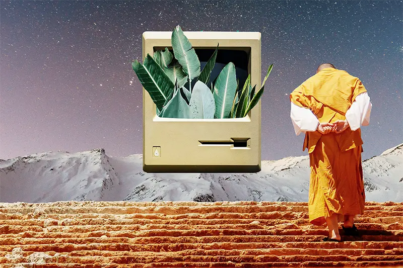 ein alter Computer schwebt über tibetischen Stiegen, Pflanzen kommen aus ihm raus und ein Mönch geht vorbei.