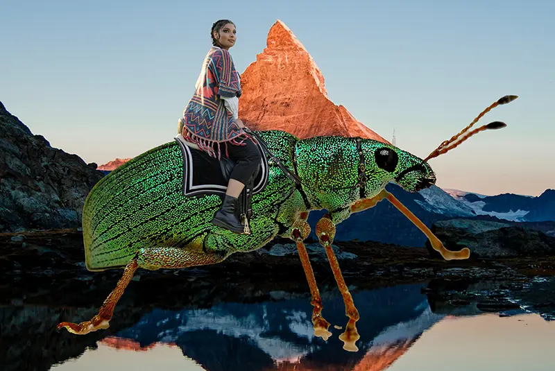 Eine Frau reitet auf einem riesigen Käfer durch eine Landschaft in Peru