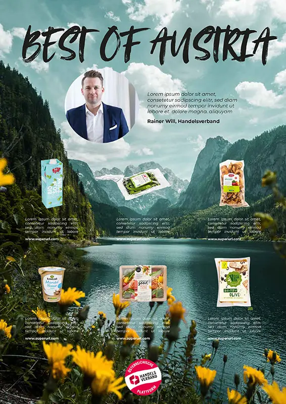 Produktpräsentation über einem Hintergrund einer Berglandschaft