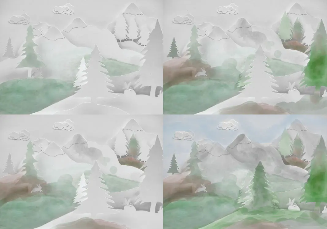 Colorierte Berglandschaft mit Bäumen
