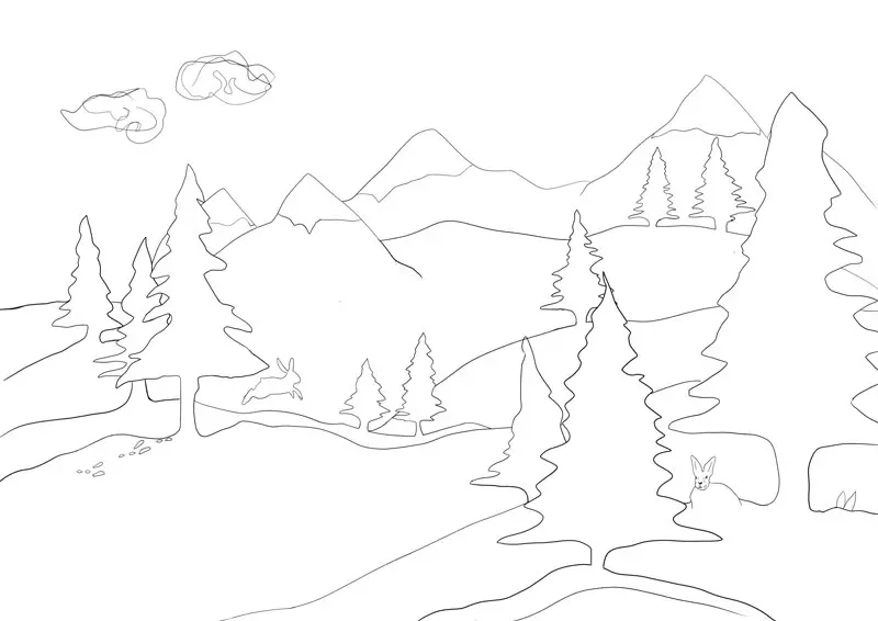 Berglandschaft mit Wald, ein Hase hüpft