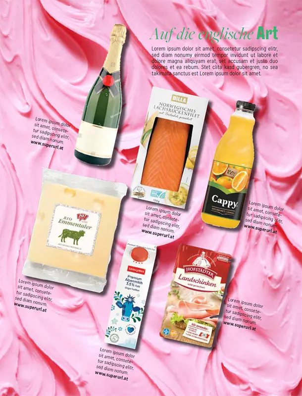 Diverse Produkte auf einem rosa eiscremeartigen Hintergrund
